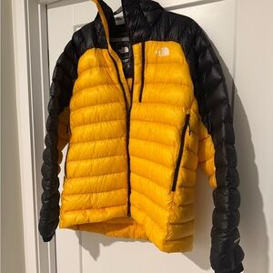 The North Face Summit Series 800 Black and Yellow Hooded Puffer Jacket